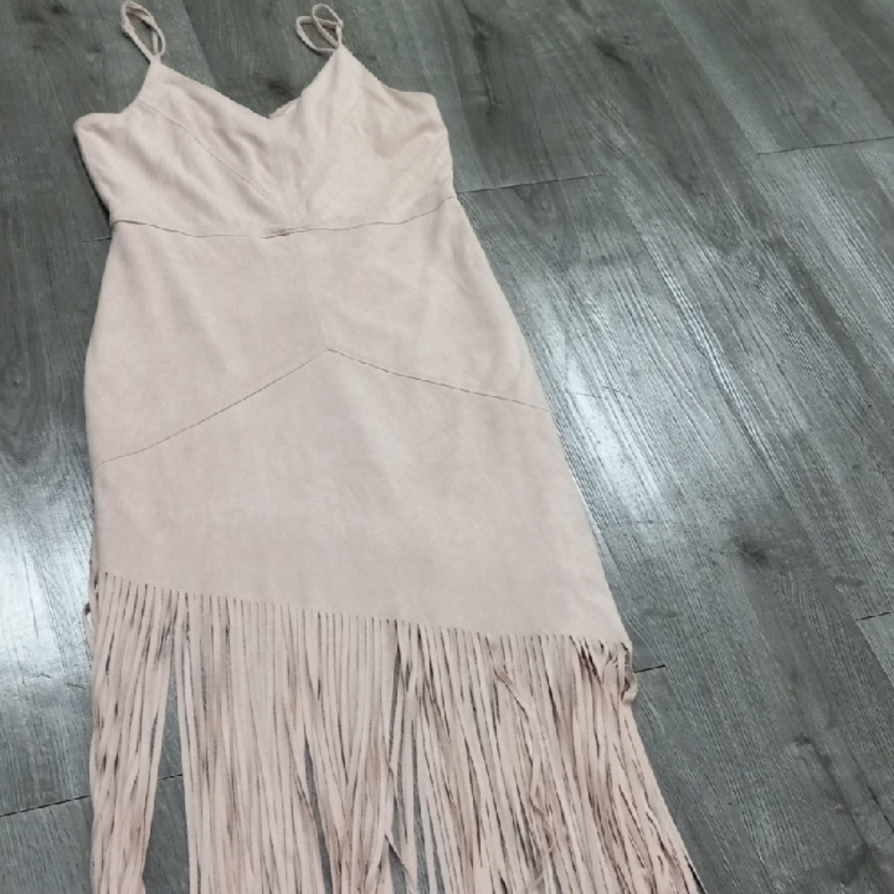 Sans Souci Fringed Suede Blush Pink Spaghetti Strap Dress...